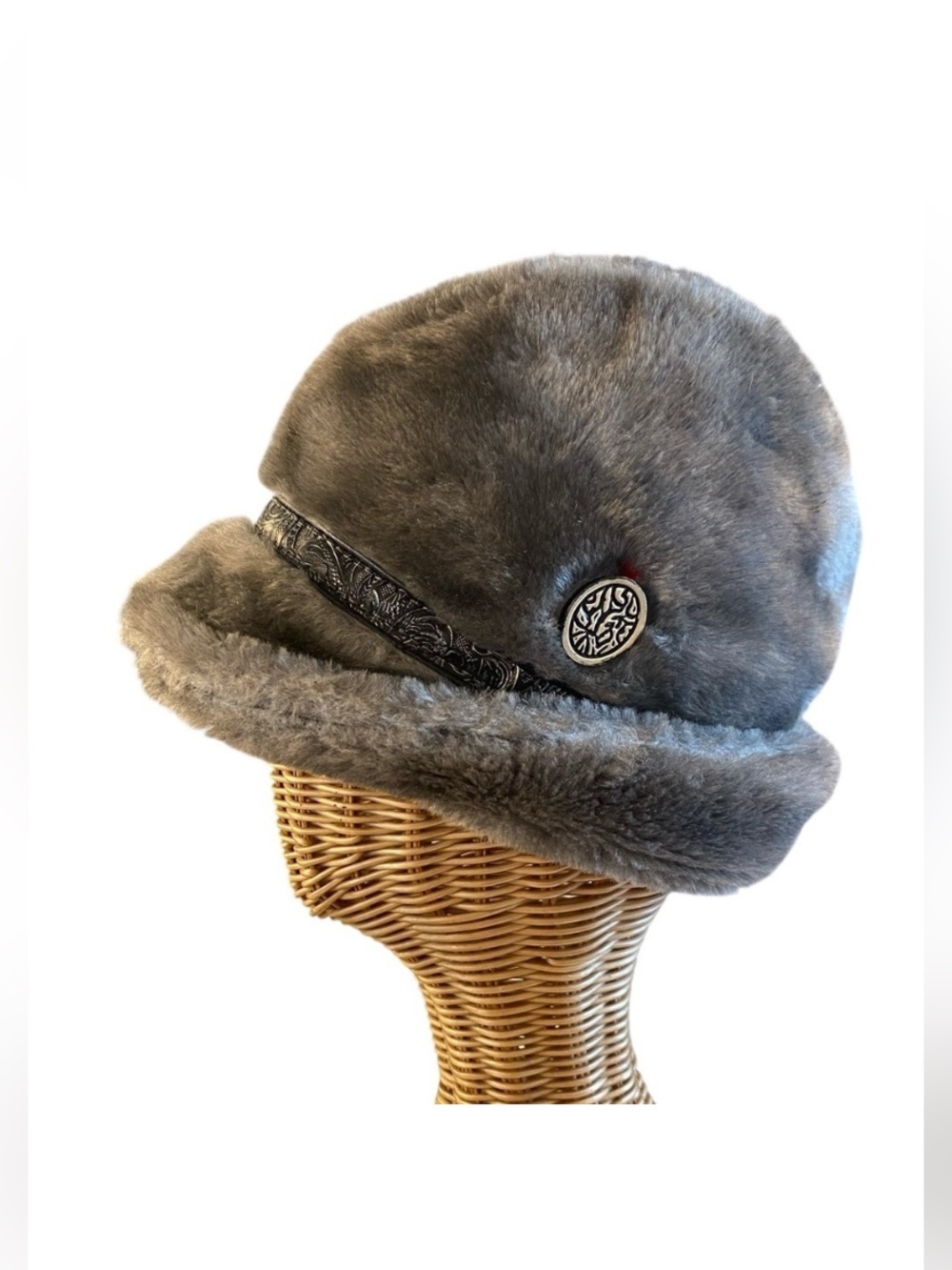 Vintage Faux Fur Gray German Russian Cossack Hat Size Medium Retro
